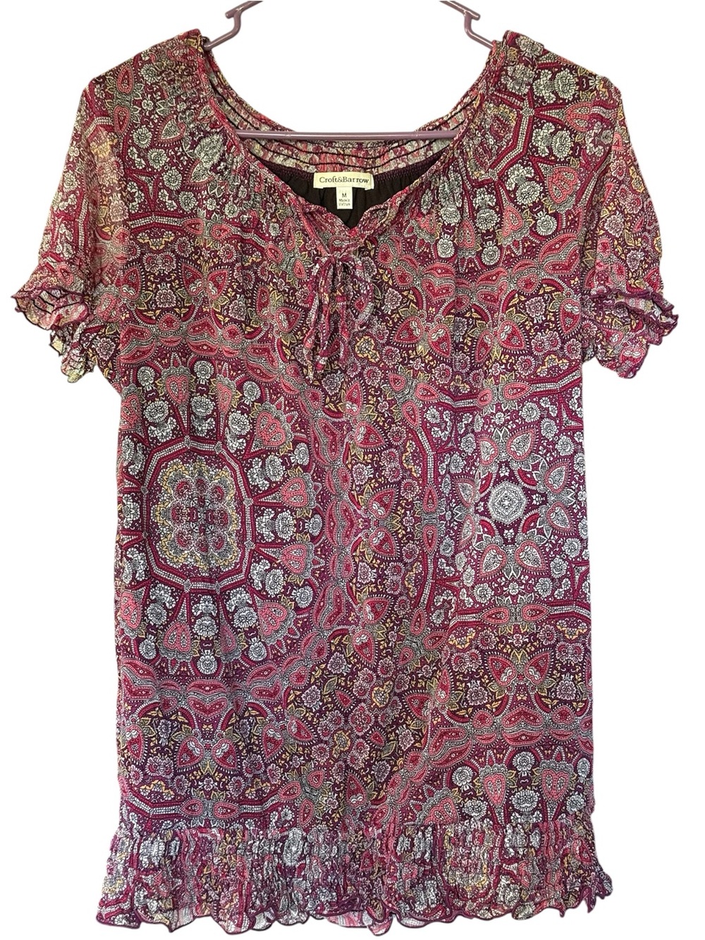 croft & barrow Pink Paisley Short Sleeve Tie-Neck Tunic Size Medium Cute!